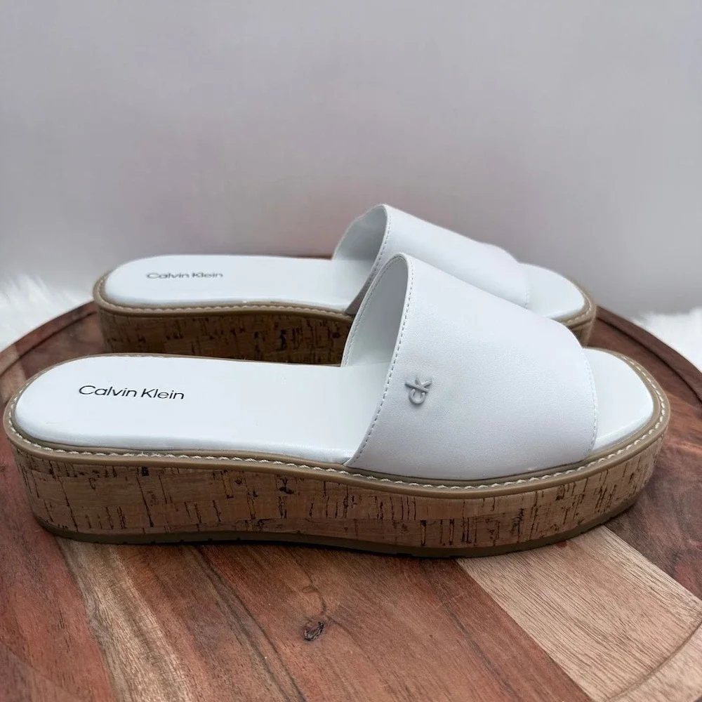 Calvin Klein White Arzelia Leather Cork Platform‎ Slide Sandals Womens 9.5 M